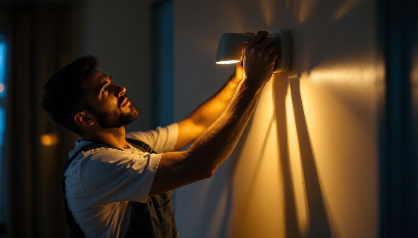 A photograph of a skilled lighting contractor expertly installing or adjusting a modern lighting fixture in a stylish residential or commercial setting
