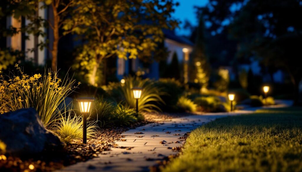 A photograph of capture a photograph of a well-lit outdoor area at dusk