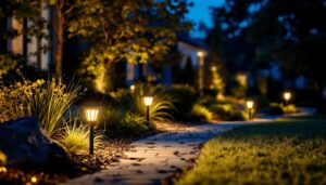 A photograph of capture a photograph of a well-lit outdoor area at dusk