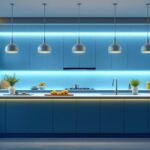 A photograph of a beautifully designed large kitchen island featuring stylish pendant lights and ambient lighting