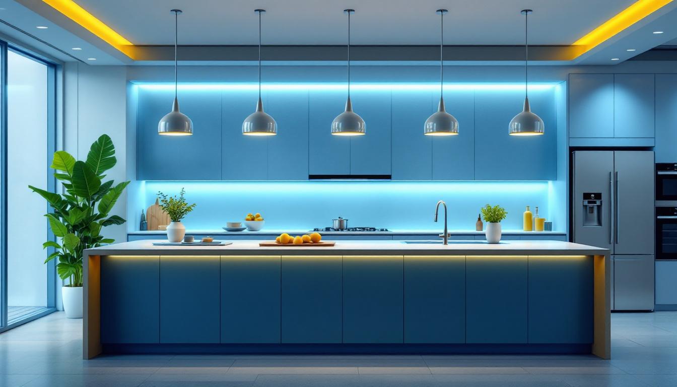 A photograph of a beautifully designed large kitchen island featuring stylish pendant lights and ambient lighting