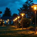 A photograph of a beautifully landscaped outdoor space illuminated by various solar-powered lights