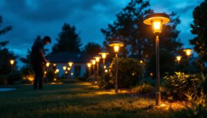 A photograph of a beautifully landscaped outdoor space illuminated by various solar-powered lights