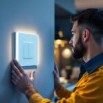 A photograph of a lighting contractor installing a modern led dimmer switch in a stylish home setting