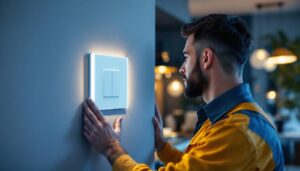 A photograph of a lighting contractor installing a modern led dimmer switch in a stylish home setting