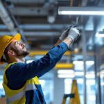 A photograph of a lighting contractor installing maxlite led fixtures in a commercial space