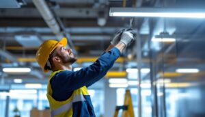 A photograph of a lighting contractor installing maxlite led fixtures in a commercial space