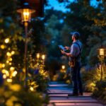 A photograph of a lighting contractor installing tall outdoor solar lights in a beautifully landscaped garden at dusk