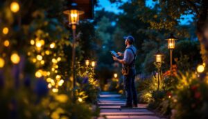 A photograph of a lighting contractor installing tall outdoor solar lights in a beautifully landscaped garden at dusk