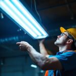 A photograph of capture a photograph of a lighting contractor installing or inspecting a four-bulb fluorescent light fixture in a commercial or industrial setting