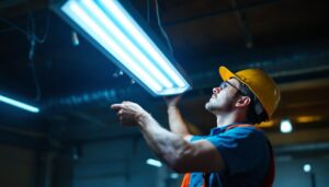 A photograph of capture a photograph of a lighting contractor installing or inspecting a four-bulb fluorescent light fixture in a commercial or industrial setting