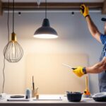 A photograph of a lighting contractor expertly installing various modern lighting fixtures
