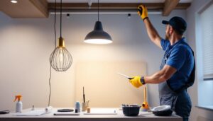 A photograph of a lighting contractor expertly installing various modern lighting fixtures