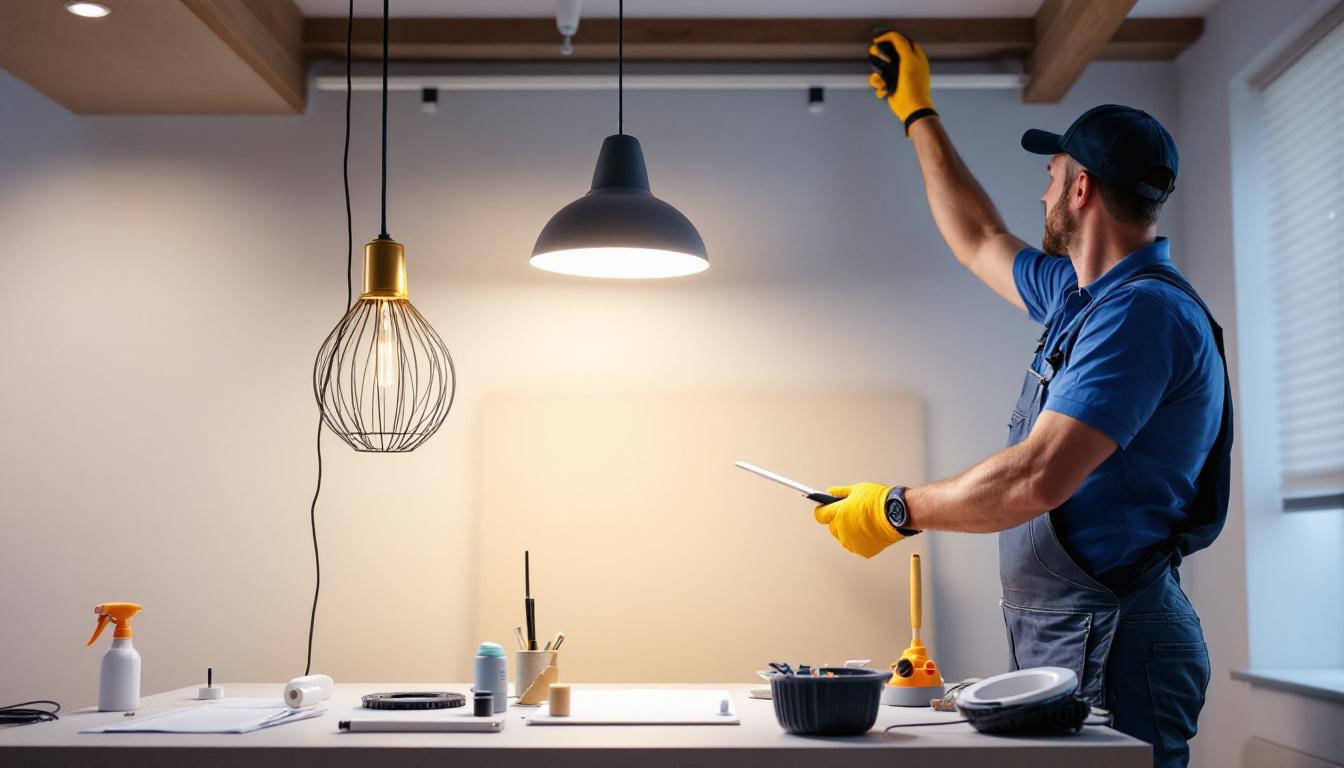 A photograph of a lighting contractor expertly installing various modern lighting fixtures