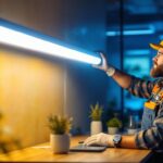 A photograph of a skilled lighting contractor installing or showcasing a 4-foot led tube light in a modern workspace