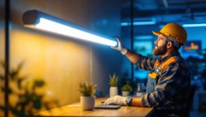 A photograph of a skilled lighting contractor installing or showcasing a 4-foot led tube light in a modern workspace