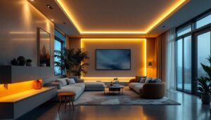 A photograph of a beautifully designed interior space featuring recessed led strip lighting