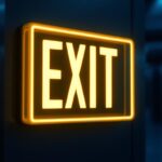 A photograph of capture a photograph of a brightly illuminated edge-lit led exit sign in a dimly lit corridor