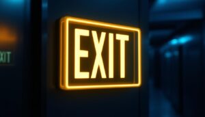 A photograph of capture a photograph of a brightly illuminated edge-lit led exit sign in a dimly lit corridor