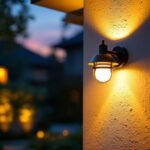 A photograph of a beautifully illuminated outdoor wall-mounted light fixture installed on a home exterior during twilight