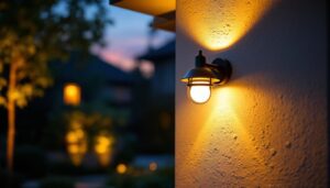A photograph of a beautifully illuminated outdoor wall-mounted light fixture installed on a home exterior during twilight