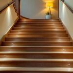 A photograph of a well-lit indoor staircase featuring stylish lighting fixtures