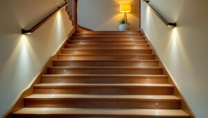 A photograph of a well-lit indoor staircase featuring stylish lighting fixtures