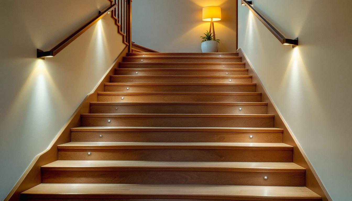 A photograph of a well-lit indoor staircase featuring stylish lighting fixtures