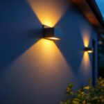 A photograph of a beautifully illuminated outdoor space featuring solar wall mount lights