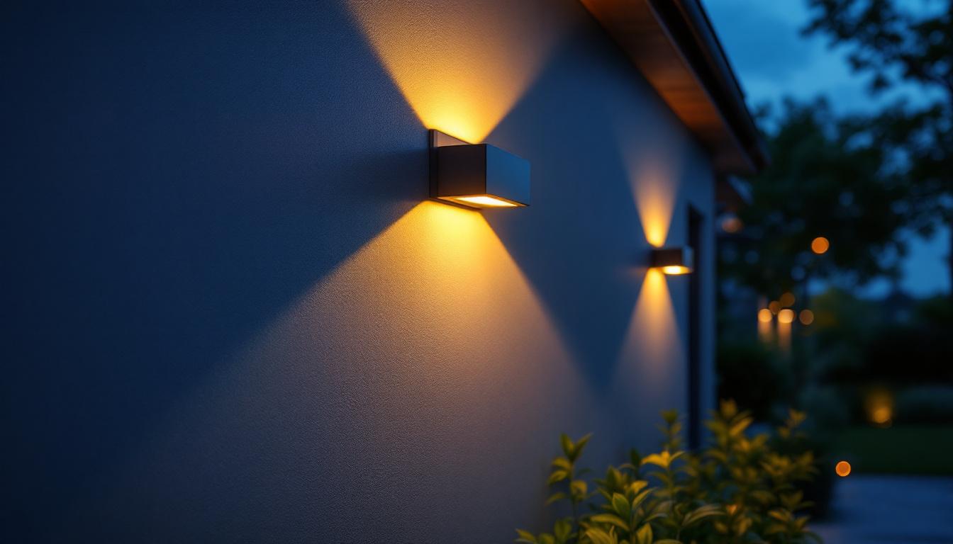 A photograph of a beautifully illuminated outdoor space featuring solar wall mount lights