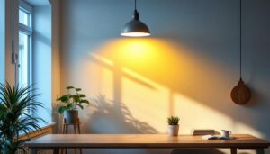 A photograph of a well-lit interior space showcasing various lighting fixtures in use