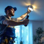 A photograph of a skilled lighting contractor installing sleek
