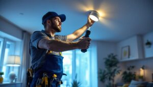 A photograph of a skilled lighting contractor installing sleek