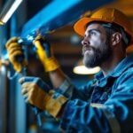 A photograph of a lighting contractor expertly installing or inspecting lighting tubes in a commercial or residential setting