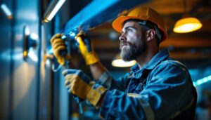 A photograph of a lighting contractor expertly installing or inspecting lighting tubes in a commercial or residential setting