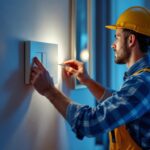 A photograph of a lighting contractor expertly installing a modern electric light switch in a stylish