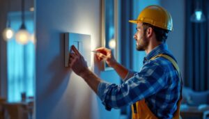 A photograph of a lighting contractor expertly installing a modern electric light switch in a stylish
