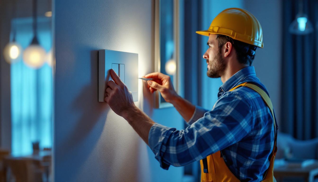 A photograph of a lighting contractor expertly installing a modern electric light switch in a stylish