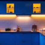 A photograph of a well-designed kitchen with stylish led cupboard lights illuminating the space