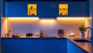 A photograph of a well-designed kitchen with stylish led cupboard lights illuminating the space