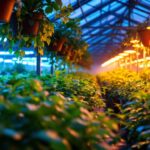 A photograph of a well-lit greenhouse interior showcasing various plants thriving under energy-efficient led grow lights