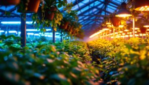 A photograph of a well-lit greenhouse interior showcasing various plants thriving under energy-efficient led grow lights