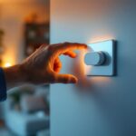 A photograph of a lighting contractor installing a dimmer switch for dimmable led lights in a modern home setting