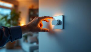 A photograph of a lighting contractor installing a dimmer switch for dimmable led lights in a modern home setting