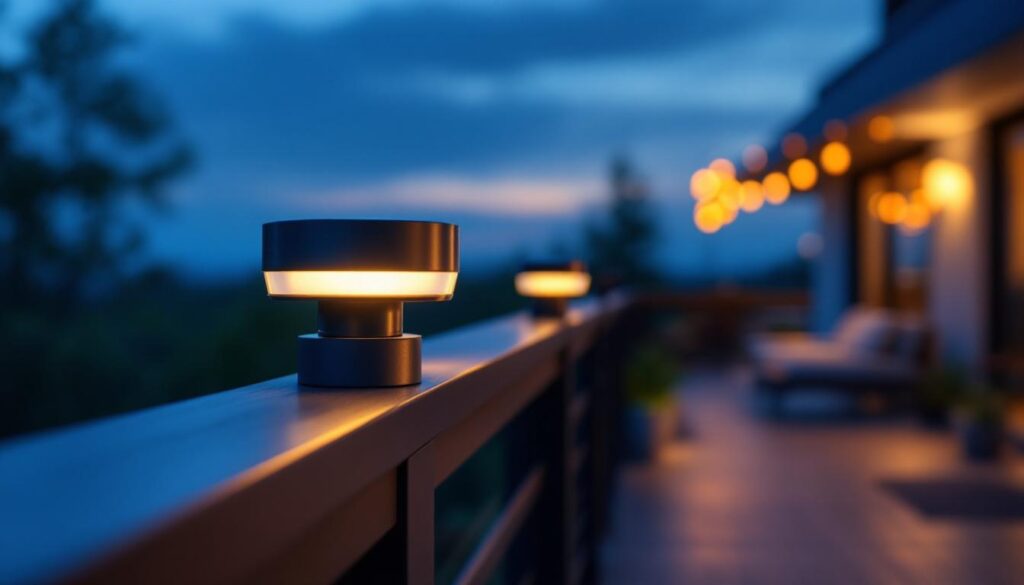 A photograph of a beautifully designed solar-powered railing light installed on a modern deck