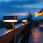 A photograph of a beautifully designed solar-powered railing light installed on a modern deck