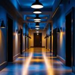 A photograph of a beautifully lit hallway showcasing a variety of lighting options