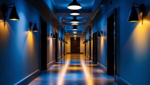 A photograph of a beautifully lit hallway showcasing a variety of lighting options