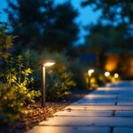 A photograph of a well-lit outdoor space showcasing modern wireless motion lights in action