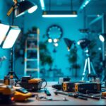 A photograph of a lighting contractor working on a lighting installation